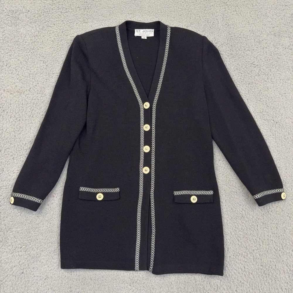 St John Collection Marie Gray Black Santana Knit Button Cardigan Coat Jacket (6)